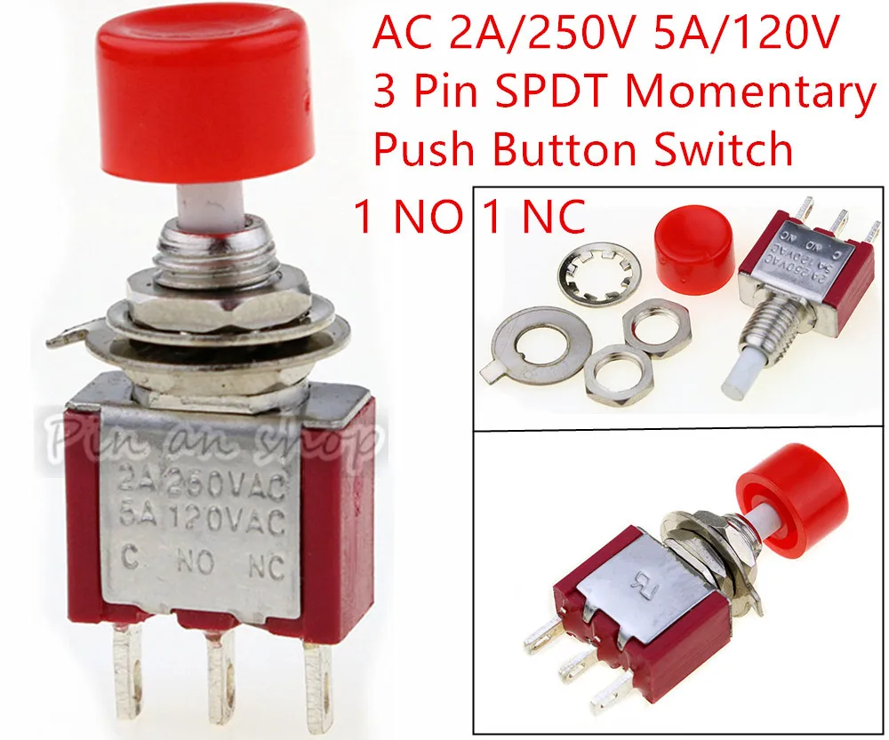 

AC 2A/250V 5A/120V 3 Pin SPDT Momentary Push Button Pushbutton Switch 1 NO 1 NC