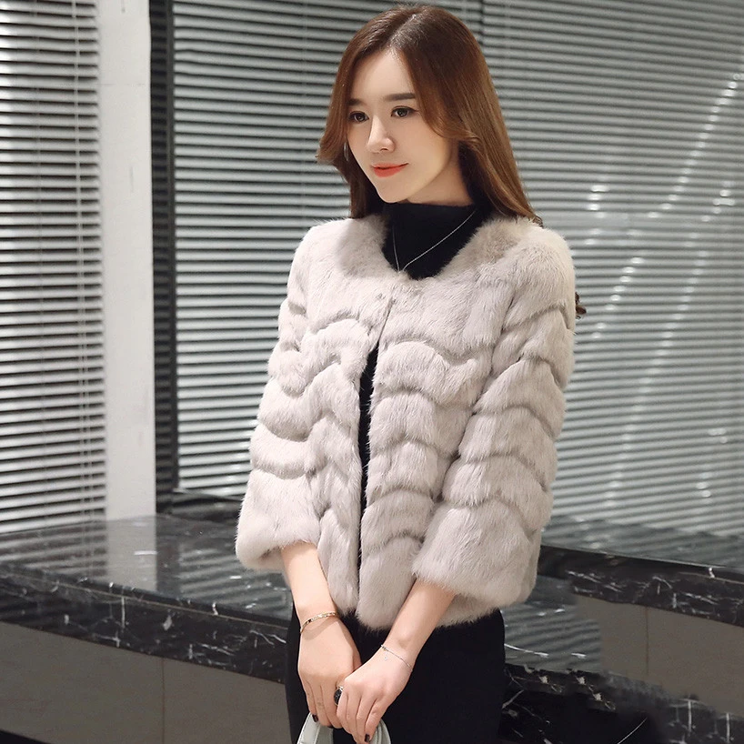 

Wave Embroidery Real Rabbit Fur Jackets Women O neck 3/4 Sleeve Whole Skin Natural Fur Coats 2018 Autumn Winter New Collection