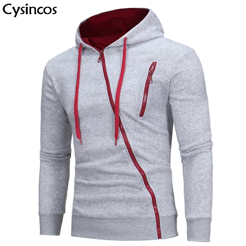 

Cysincos 2019 Spring Autumn Men Zip Sweatshirt Hooded Contrast Color Casual Thin Jacket Long Sleeve Slim Fit Blocking Tops Male