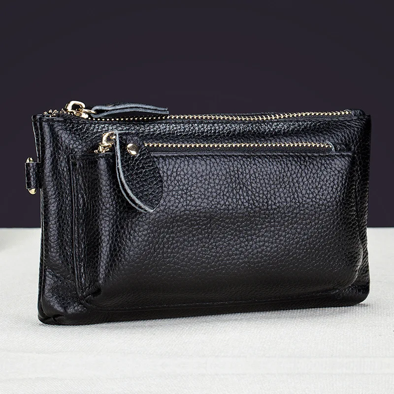 100% Genuine Leather Famous Brand Fashion Women Wallets Dull Polish Wallet Double Zipper Day Clutch Purse Wristlet Porte | Багаж и сумки
