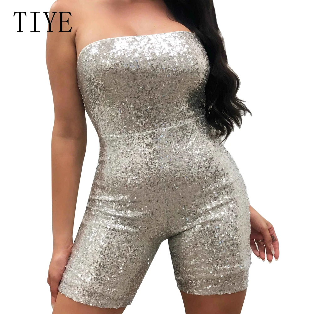 TIYE Sequin Jumpsuits Rompers Sleeveless Strapless Off Shoulder Playsuit Summer Sexy Club Party Bodycon Jumpsuit Women Overalls