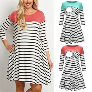 

vetement femme 2019 Women Maternity Pregnancy clothes dress Fashion 3/4 Sleeve Striped Print Nursing Dress For Breastfeeding