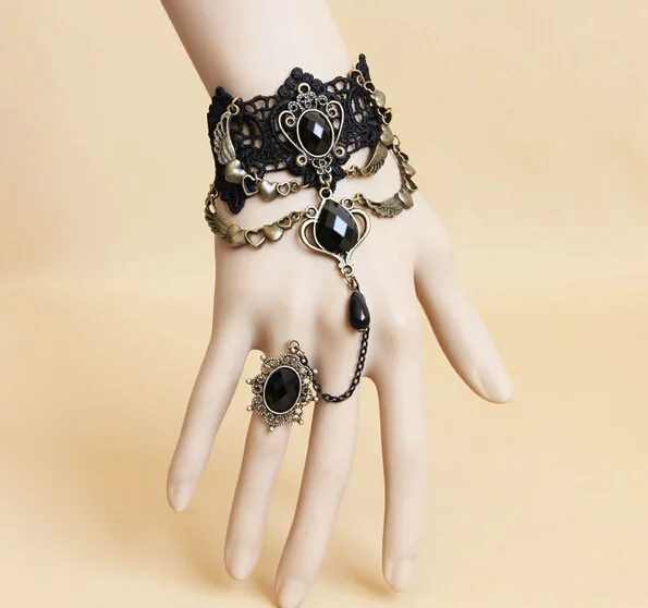Готический браслет, Черная кружевная цепочка на палец, женский браслет, металлический кристалл, шарм, стимпанк, Женские винтажные украшения, TCN615