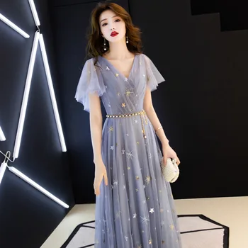 

Gray Blue Chinese Oriental V-Neck Full Length Wedding Women Sexy Cheongsam Evening Dress Elegant Princess Dresses Modern Qipao