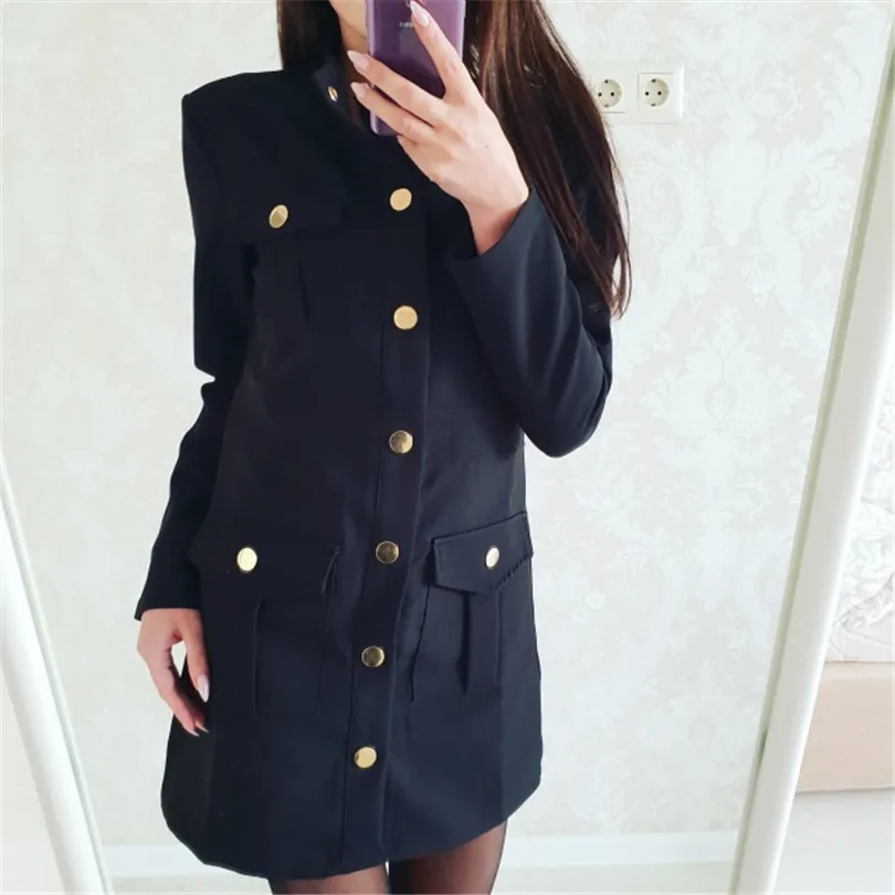 

Taotrees Women Black Dress Slim Single Breasted Stand Collar Mini A-line Dress Sashes High Waist Dresses