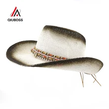 Qiuboss с черным напылением Бумага Соломенные Ковбойские шляпы Веревка Декор Для женщин Для мужчин шляпа с широкими полями пляжный зонтик Кепка Панама джазовая, шляпа