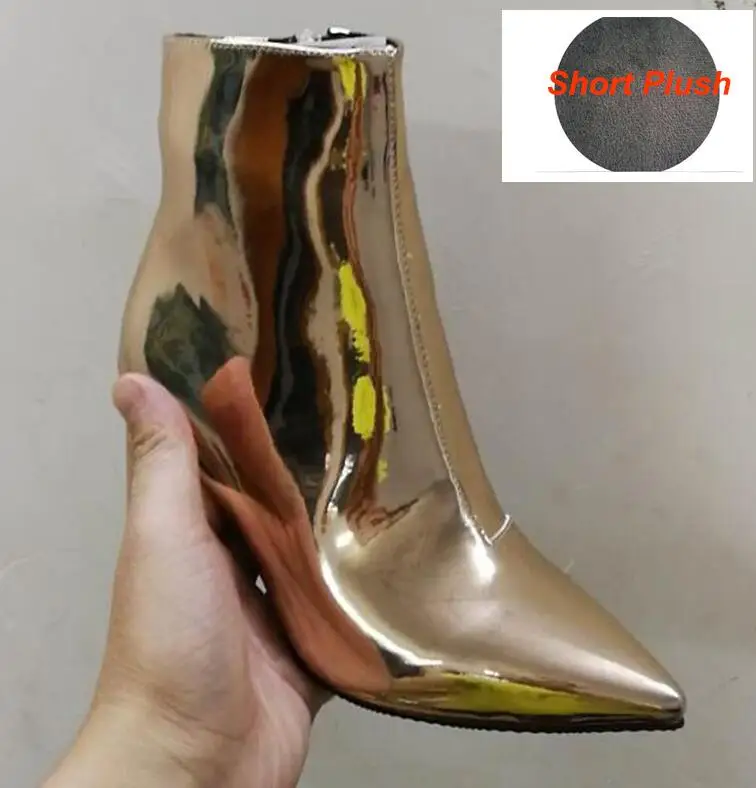 Aneikeh/женские осенние ботинки из искусственной кожи на резиновой подошве с острым носком на квадратном каблуке модная женская обувь на высоком каблуке серебристого цвета; Размеры 35-40 - Цвет: champagneShort Plush