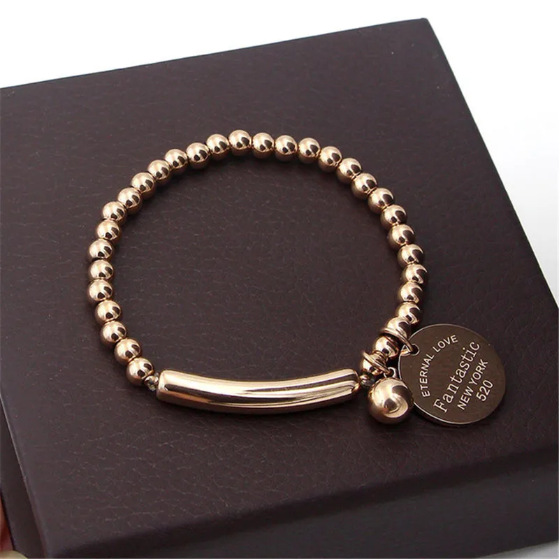 

"Fantastic Eternal Love New York" Stainless Steel Ball Beads Bracelet For Women Circle Tag Charm Stretch Strand Bracelet K0001