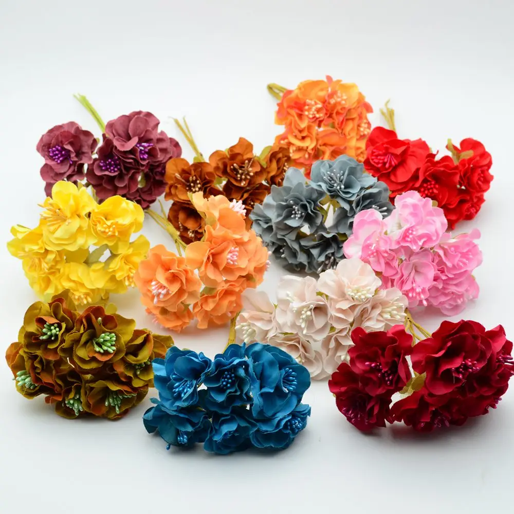 

6pcs Silk carnation Artificial flowers wedding home decoration accessories for christmas wreath fake stamens a cap diy gifts box