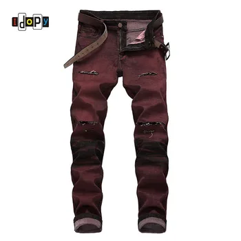 

Idopy Fashion Mens Hip Hop Ripped Jeans Straight Fit Vintage Washed Wine Jeans Distressed Holes Denim Pants For Men