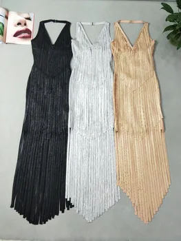 

Top Quality Sexy Backless Halter Tassel Bronzing Bandage Dress 2018 Knitted Elegant Designer Party Dress