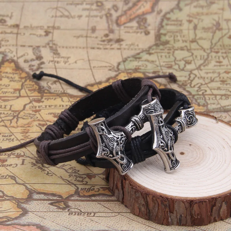 Кожаный браслет Viking Thor's hammer для мужчин и женщин, кожа и нержавеющая сталь