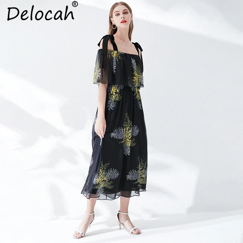Delocah Women Summer Spaghetti Strap Dress Runway Fashion Designer Sexy Backless Floral Print Mesh Overlay Vintage Long Dress