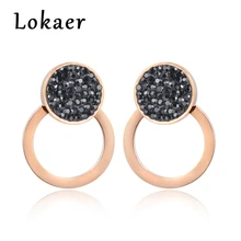 Lokaer, черные, белые стразы, двойные круглые серьги для женщин, титановая сталь, розовое золото, свадебные серьги, ювелирные изделия E180150400R