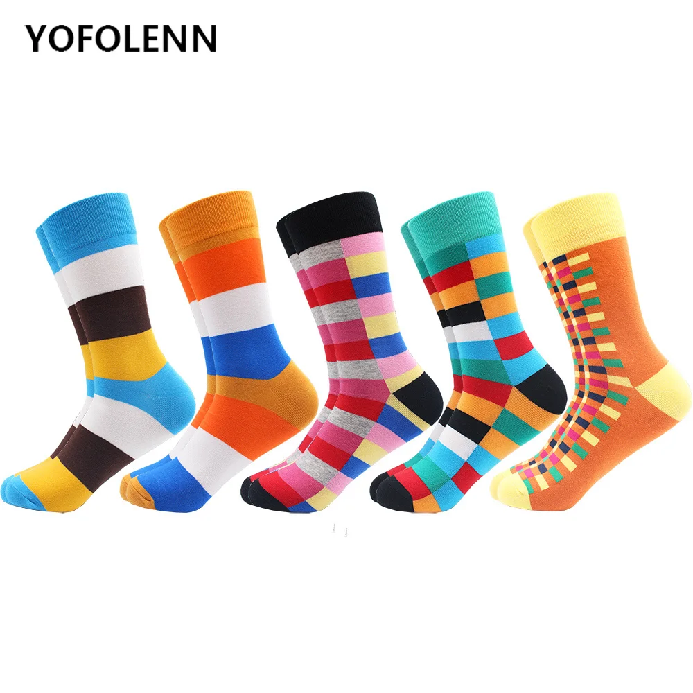 

5 Pairs/Lot Colorful Funny Combed Cotton Dress Wedding Striped Socks Casual Long Man Women Party Socks Novelty Happy Socks