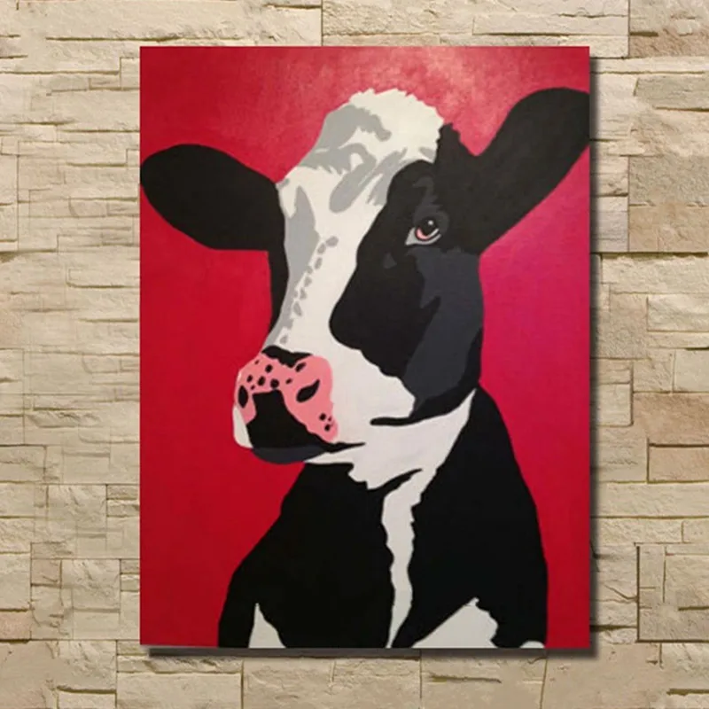 

Large Funny Black White Cow Animal Painting Modern Home Decor Wall Art Pictures Handpainted Cartoon Red Oil Paintings on Canvas