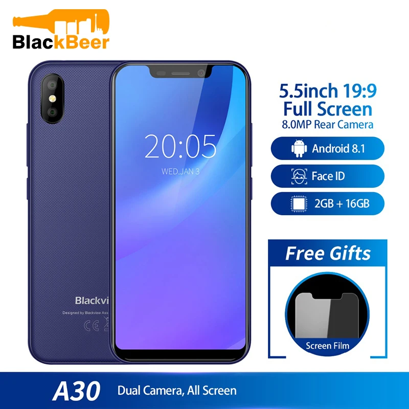 En Ligne Blackview A30 Smartphone 5.5 pouces 199 MTK6580A Quad Core téléphone portable 2GB 16GB Android 8.1 double SIM 3G Face ID téléphone portable 2500mA