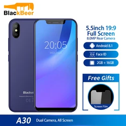 Перейти на Алиэкспресс и купить blackview a30 smartphone 5.5inch 19:9 mtk6580a quad core cell phone 2gb 16gb android 8.1 dual sim 3g face id mobile phone 2500ma