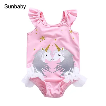 

Sun baby little girl's pink fly sleeve one-piece swimsuit S0305