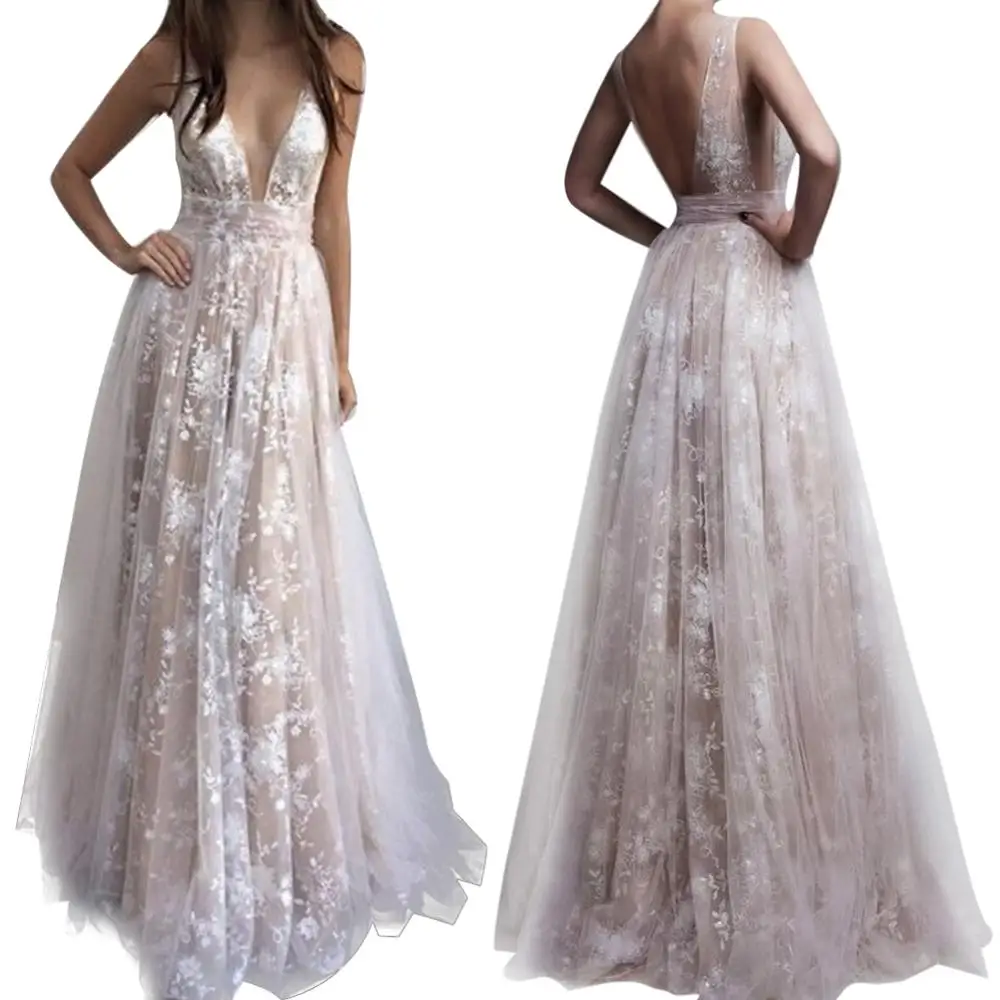

Elegant Women Hot Deep V-neck Lace Dress Backless Sleeveless Pleated Long Dress for Party Sexy Ladies Cocktail Party Dresses