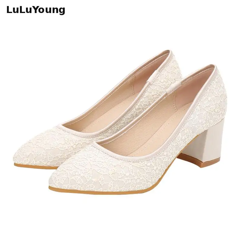 

Women Closed Toe Block Heel Lace Wedding Shoes Bridesmaid Bride's White Red Beige Wedding Shoe Point Toe