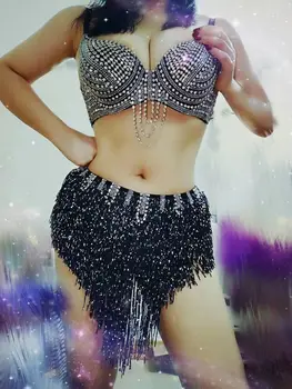 

Stage Wear Prom Sexy Sequin Black Rhinestone Outfit Bra Short Skirt Crystal Design Party Dress Female Singer Nightclub Costume