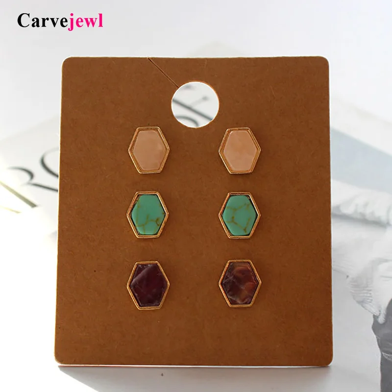 

Carvejewl 3 pairs per card stud earrings for women jewelry cute teen Hexagon classic personality multi color small resin earring