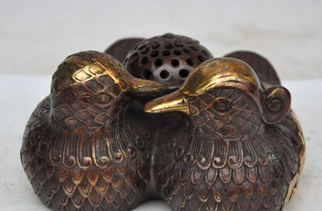 

huij 007888 China fengshui Bronze gilt Mandarin duck d Love statue incense Burner Censer