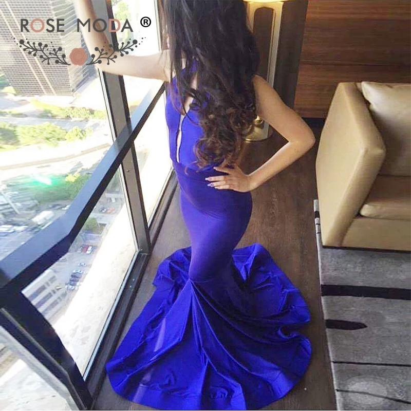 

Rose Moda Halter Backless Blue Mermaid Evening Dress Formal Party Dress 2019 Reflective Dresses