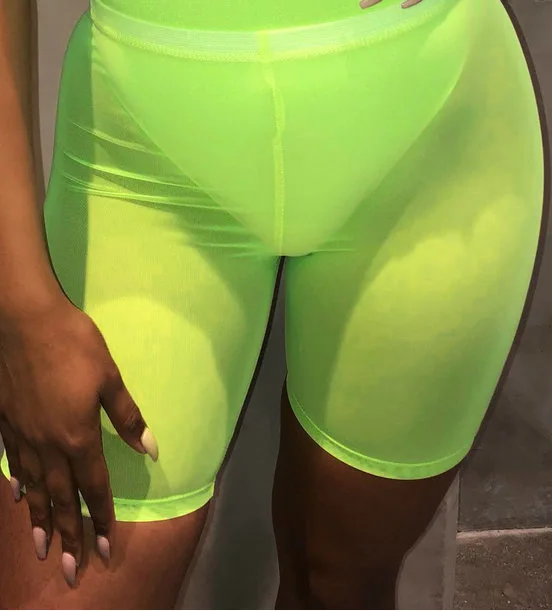OMSJ популярные прозрачные неоновые зеленые сетчатые шорты женские сексуальные эластичные Летние Шорты однотонные повседневные шорты с высокой талией для отдыха - Цвет: fluorescent green