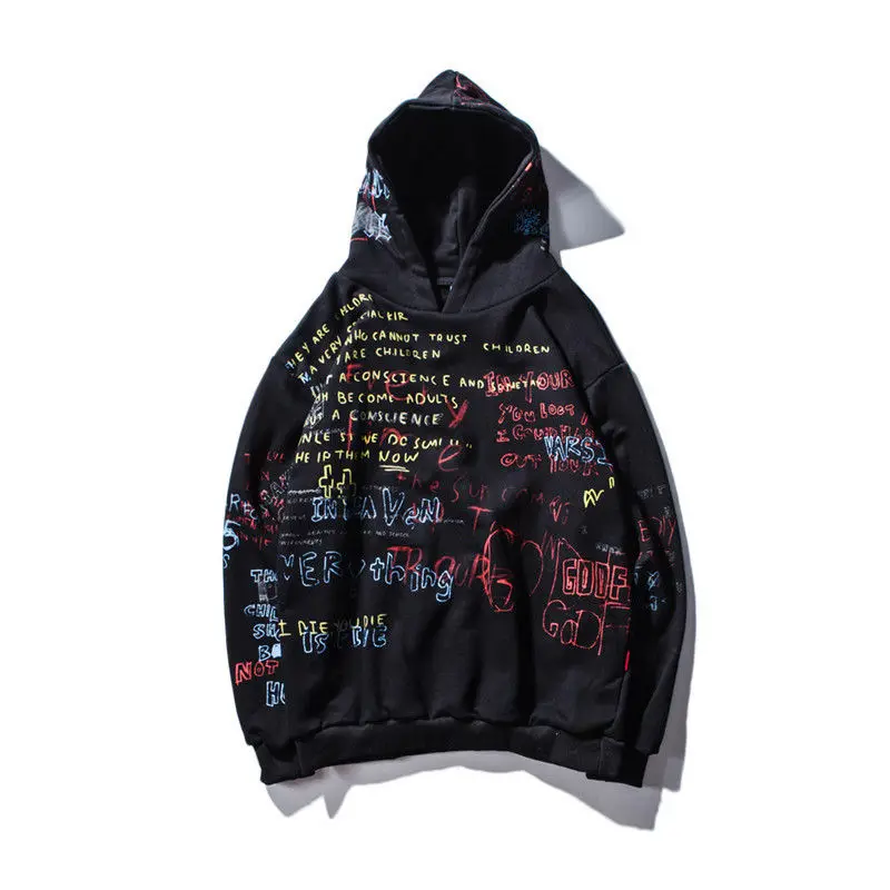 

New Autumn Winter Men Street Graffiti Color Letter Print Hooded Hoodies Men's Long Sleeve Streetwear Hipster Sweatshirts Hip Hop