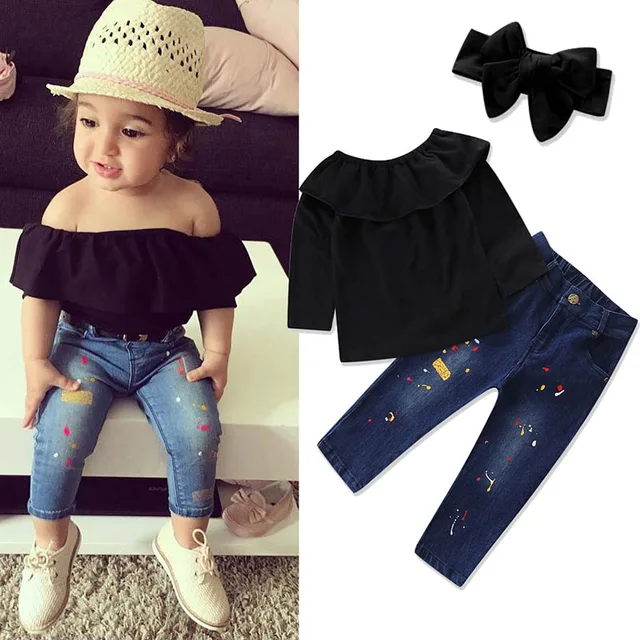 Children Girls Clothing sets Off shoulder Crop Tops t shirt Black+Jeans