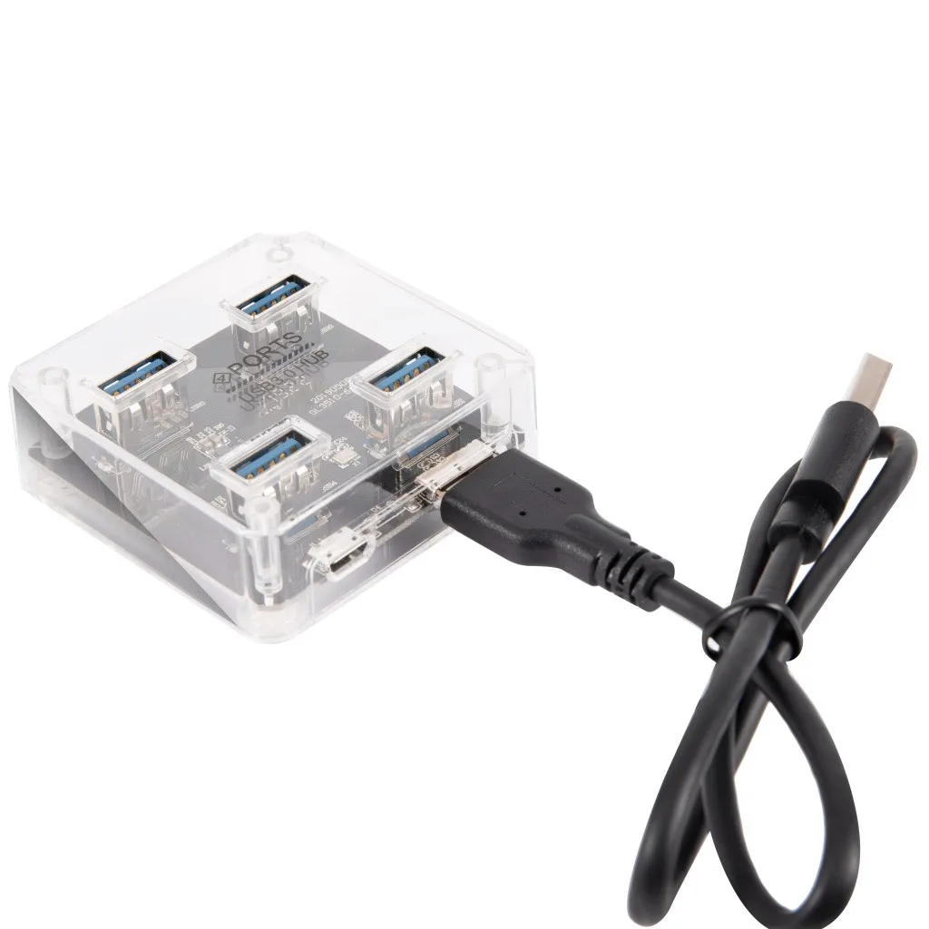 

Square Transparent 4 Ports 3.0 USB HUB Super Speed 5 Gbps Data Transfer With DC5V Power Jack Multi Hab Expander For Phone
