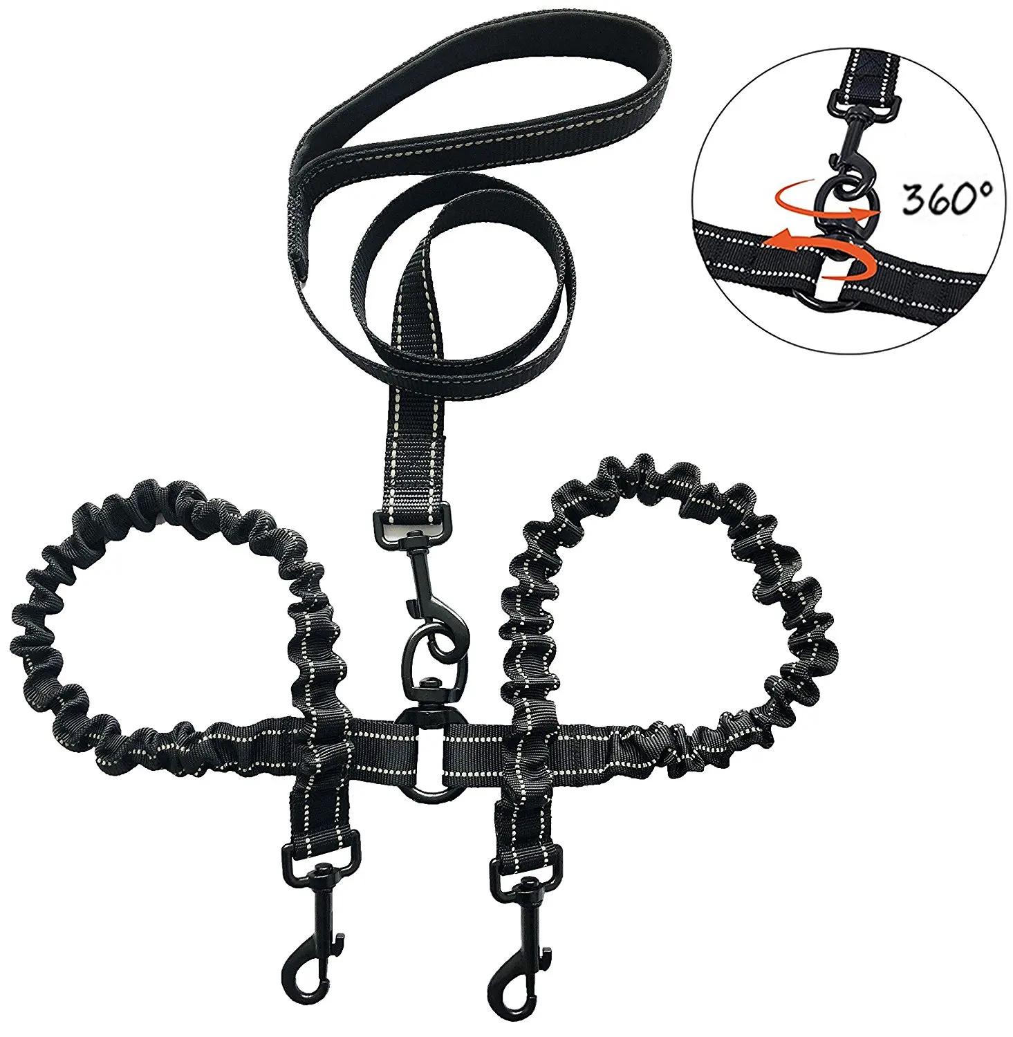 Double Dog Leash No Tangle 2 Dogs Leash with Padded Handle Bungee Dual