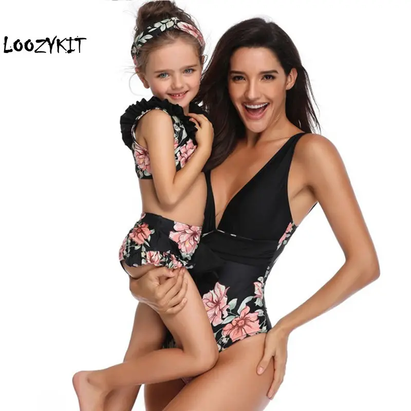 

Loozykit Mother And One Piece Swimsuit Deep V Backless Sexy Swimwear Family matching clothes Women Swimsuit