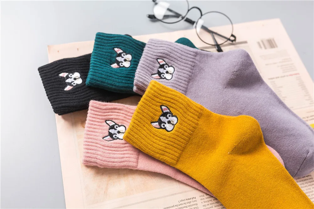 CHAOZHU Women Cute French Bulldog Embroidery Grey Green Pink Black Yellow Five Colors Cotton Knitting Winter Autumn Warm Socks