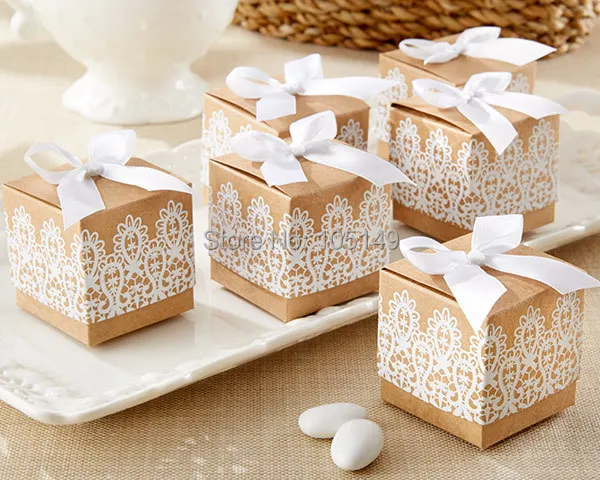 

(100 pieces/lot) Creative Gift box Rustic and Lace Kraft Favor Box With Ribbon Wedding and Party Decoration Candy box paper box