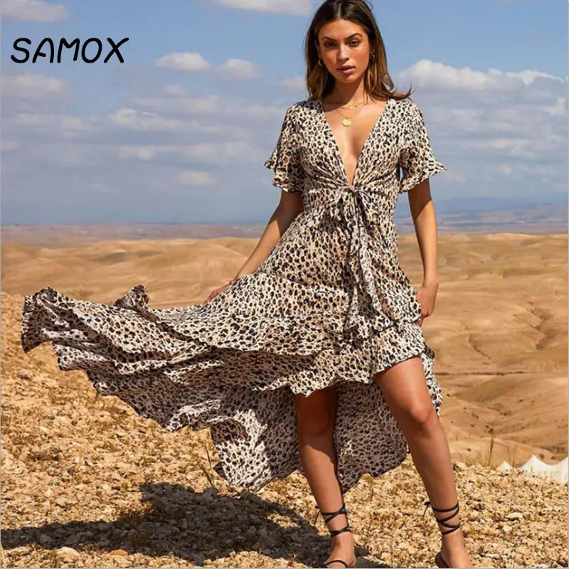 JSMY 2019 New Summer Fashion Women Leopard Printing V-neck Bow Irregular Swallowtail Chiffon Dress
