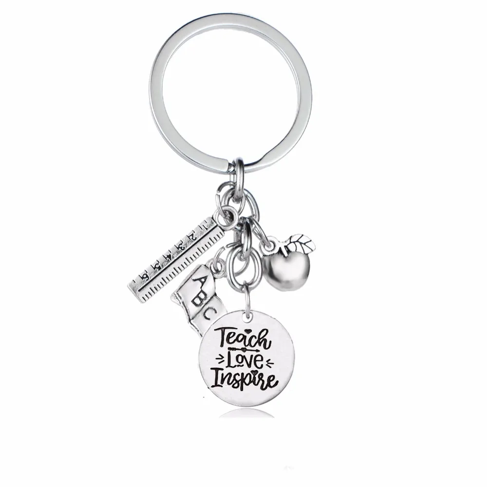 

12PC/Lot Appreciation Teachers Keychain Gifts Teach Love Inspire Keyring Apple Ruler ABC Book Charms Key Chains Rings Holder Hot