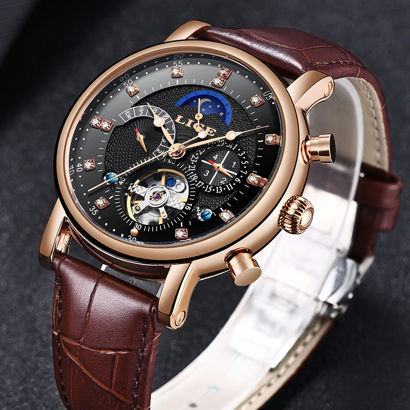

2019 LIGE Men Watch Mechanical Tourbillon Luxury Fashion Brand Leather Man Sport Watches Mens Automatic Watch Relogio Masculino