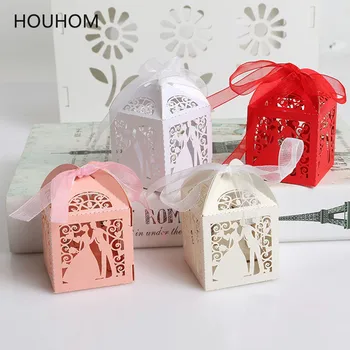

50/100pcs Wedding Couple Design Luxury Lase Cut Deco Mariage Cake Chocolate Carton Dragees Candy Gift Favour Boxes with Ribbon