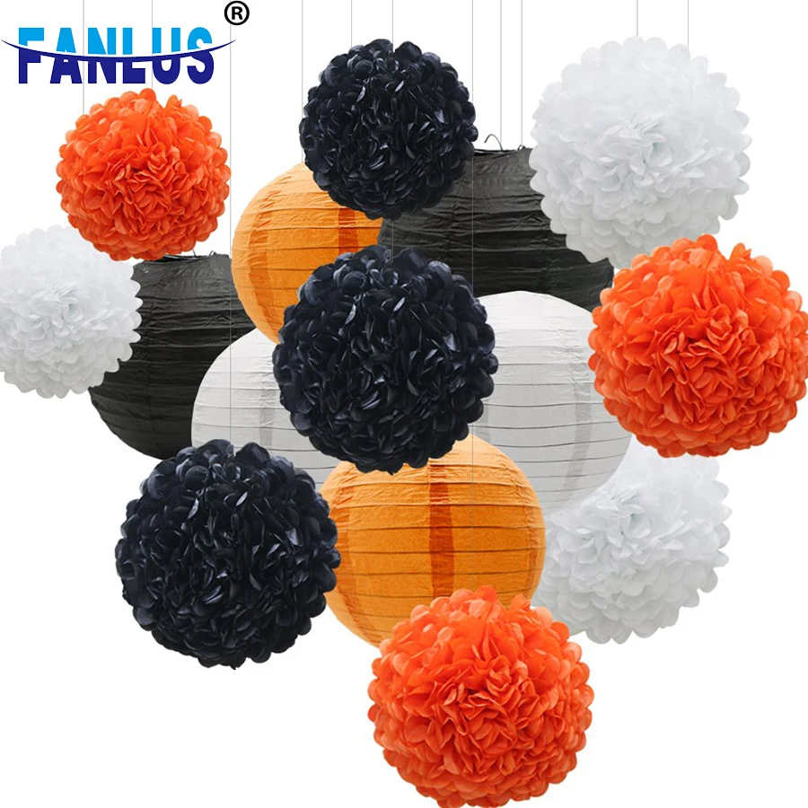 

18pcs/Set Orange Black Paper Lantern Halloween Party Decorations Red Pom Poms Christmas Decoration Baby Shower Birthday Favors
