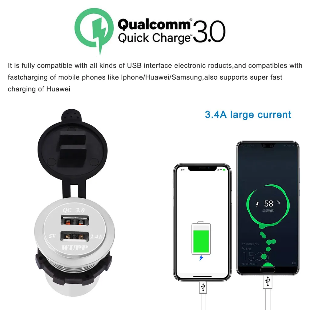 QC 3.0 Dual USB Charger Socket Voltmeter Quick Charge 3.0 Wire Waterproof for Car Motorcycle Mobile Phone Charger Fast QC#Y8