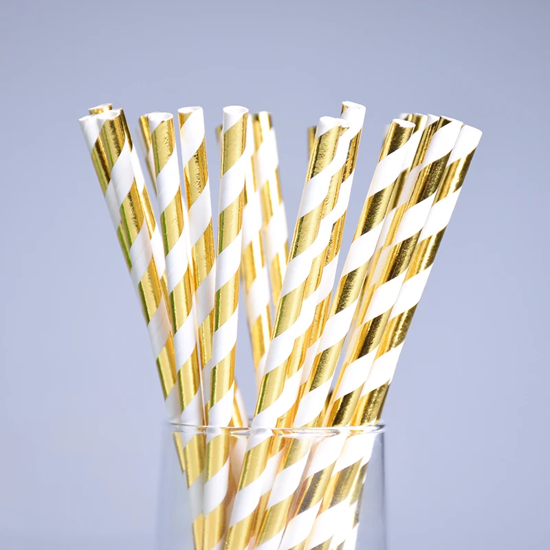 25pc Eco friendly Metallic Gold Stripe Paper Straws Christmas Party