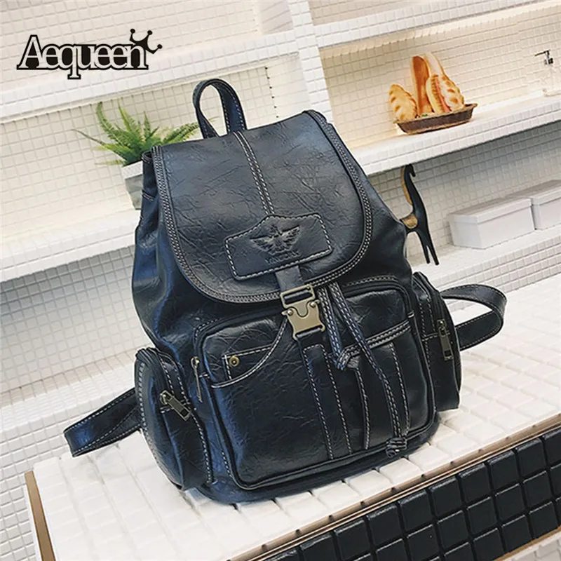 

AEQUEEN Black Vintage Backpack Women School Bags For Teenage Girl Backpacks College Student Bagpack Retro Leather Travel Bags