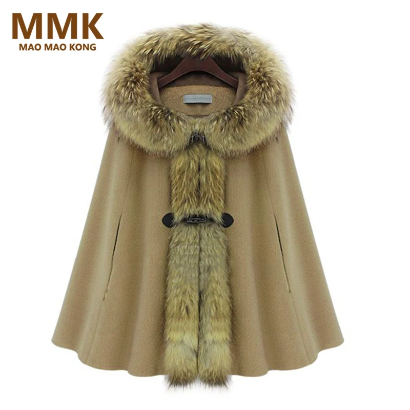 

2019 Winter Womens Cloak Hooded Cashmere Wool Real Raccoon Fur Collar Cape Poncho Fashion Brand Style Plus Size New Hot