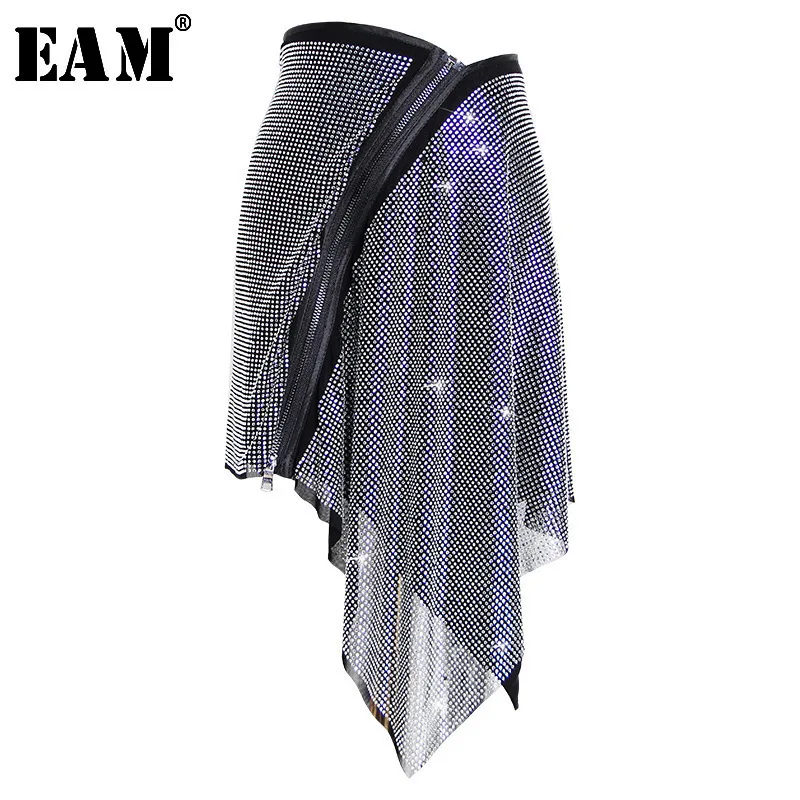 

[EAM] 2019 New Spring Summer High Elastic Waist Black Half-body Irregular Diamonds Zippers Skirt Women Fashion Tide 1C101