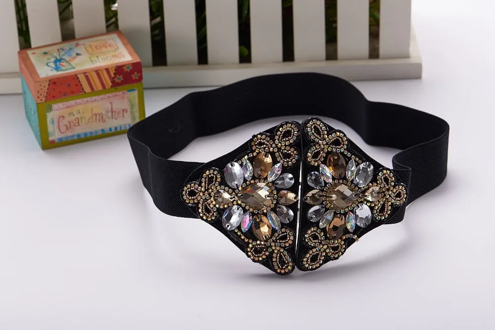 Ethnic Style Floral Rhinestone Belts Women Big Crystal Gem Elastic PIn