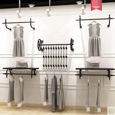 

Clothing store display stand on the wall men and women retro shelves children's clothing wall hanging clothes rack hanger displa