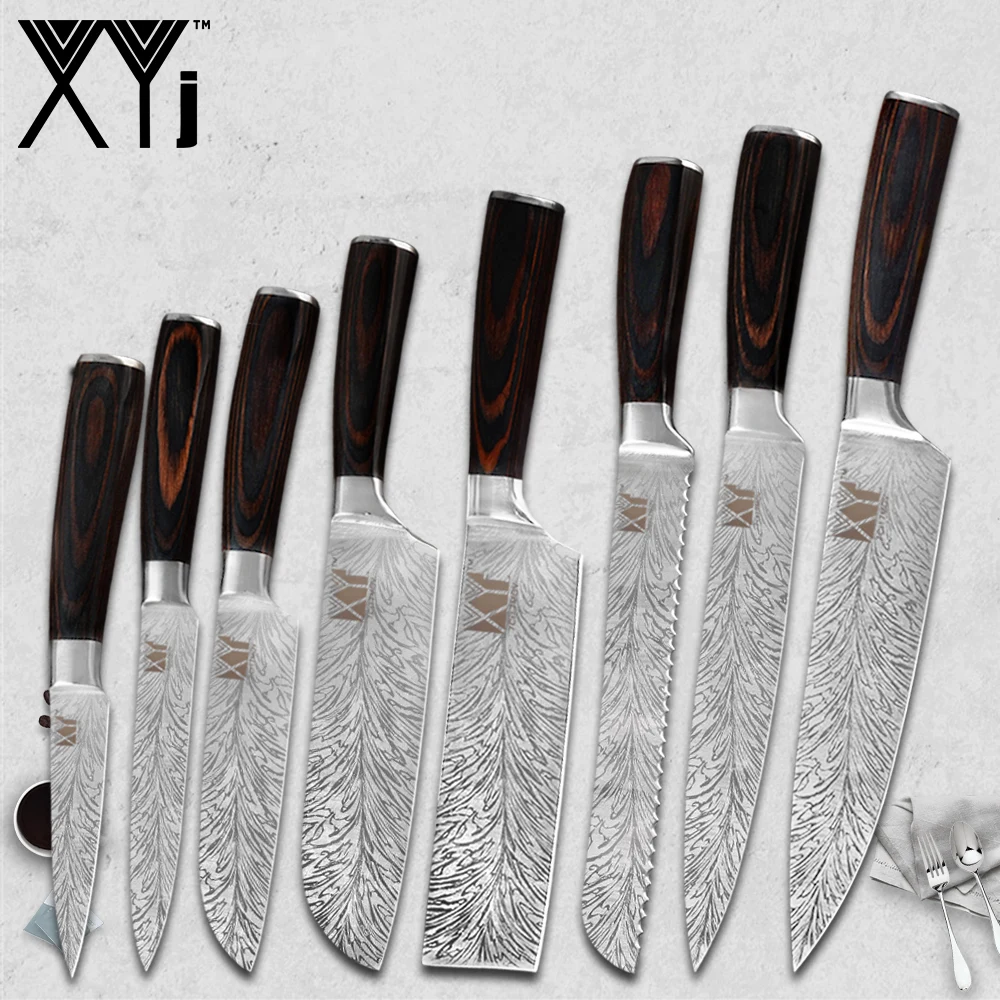 

XYj Stainless Steel Cooking Knife Feather Pattern Chef Bread Slicing Fruit Santoku Chopping Utility Kitchen Knife Set